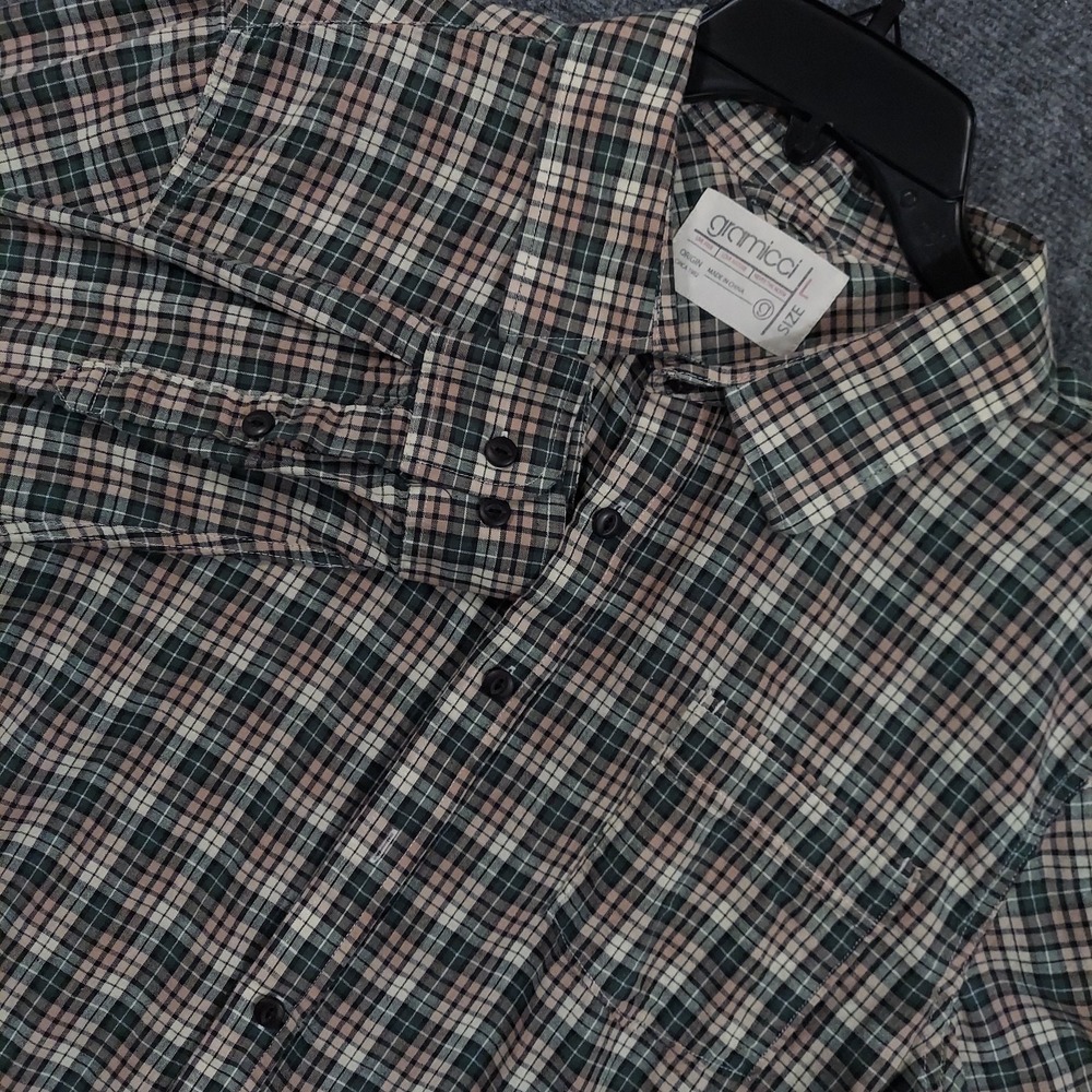 Gramicci Shirt Mens L Green Plaid Button Front Long Sleeve Cotton Regular Fit